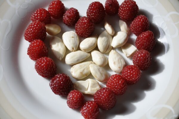 heart, almonds, raspberries